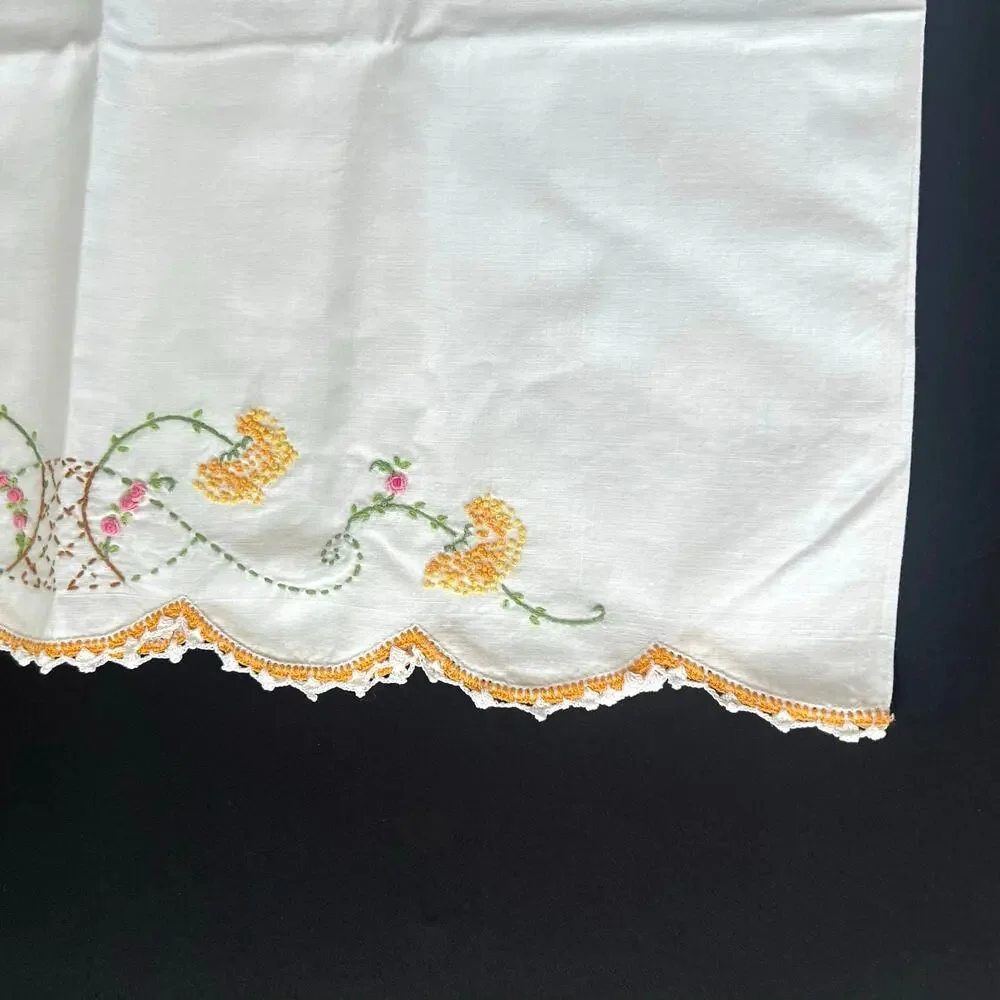 Vintage cross stitch embroidered two standard pillow cases. Roses
